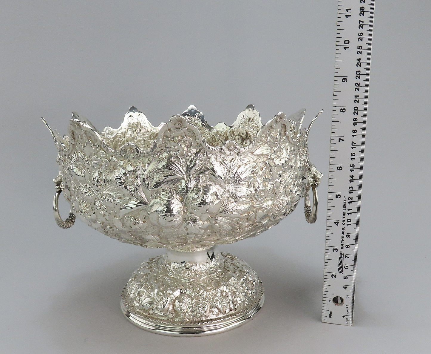 Superb c1891 Jacobi Sterling Silver Repousse Monteith Punch Bowl Gordon Crest