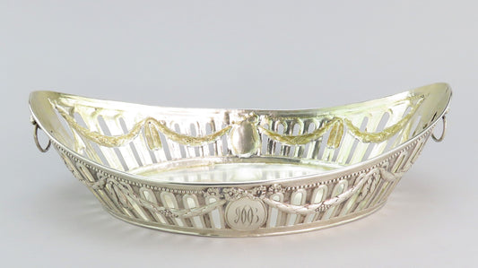c1890 Elegant German Silver Bread Fruit Basket Bowl w Lions 12 1/4" Long