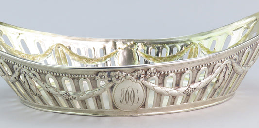 c1890 Elegant German Silver Bread Fruit Basket Bowl w Lions 12 1/4" Long