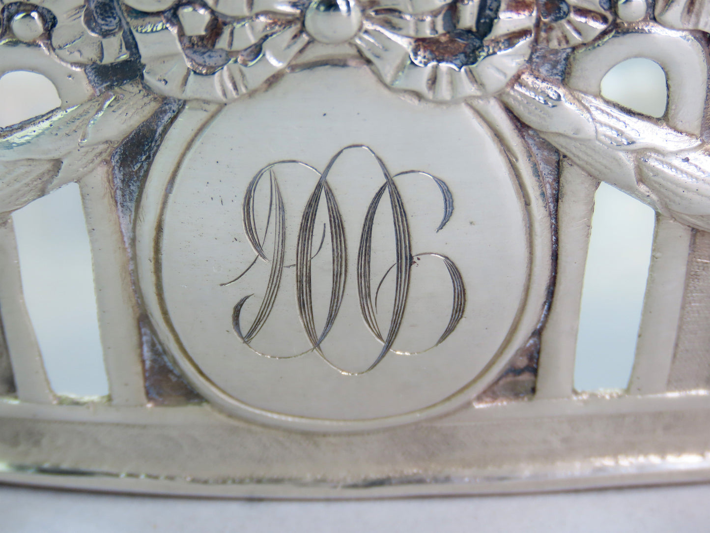 c1890 Elegant German Silver Bread Fruit Basket Bowl w Lions 12 1/4" Long