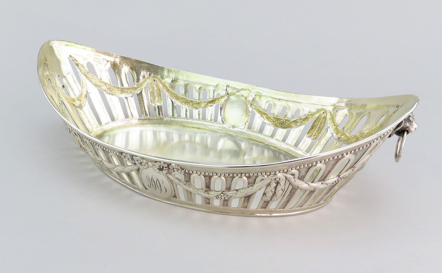c1890 Elegant German Silver Bread Fruit Basket Bowl w Lions 12 1/4" Long
