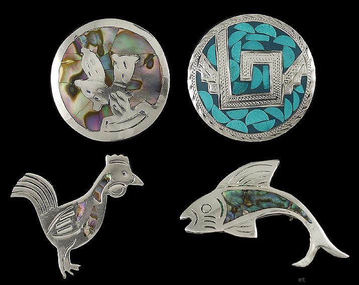 4 Mexican Sterling Silver Abalone Rooster Fish Cactus Circle Pins/Brooches