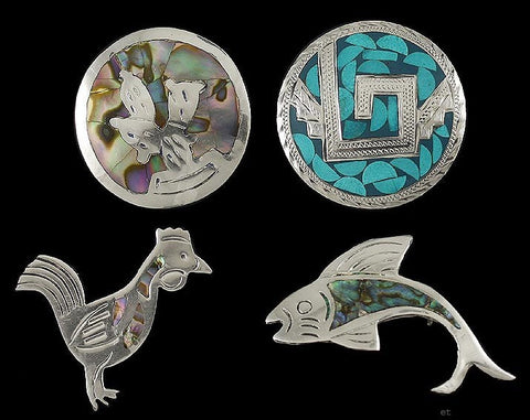 4 Mexican Sterling Silver Abalone Rooster Fish Cactus Circle Pins/Brooches