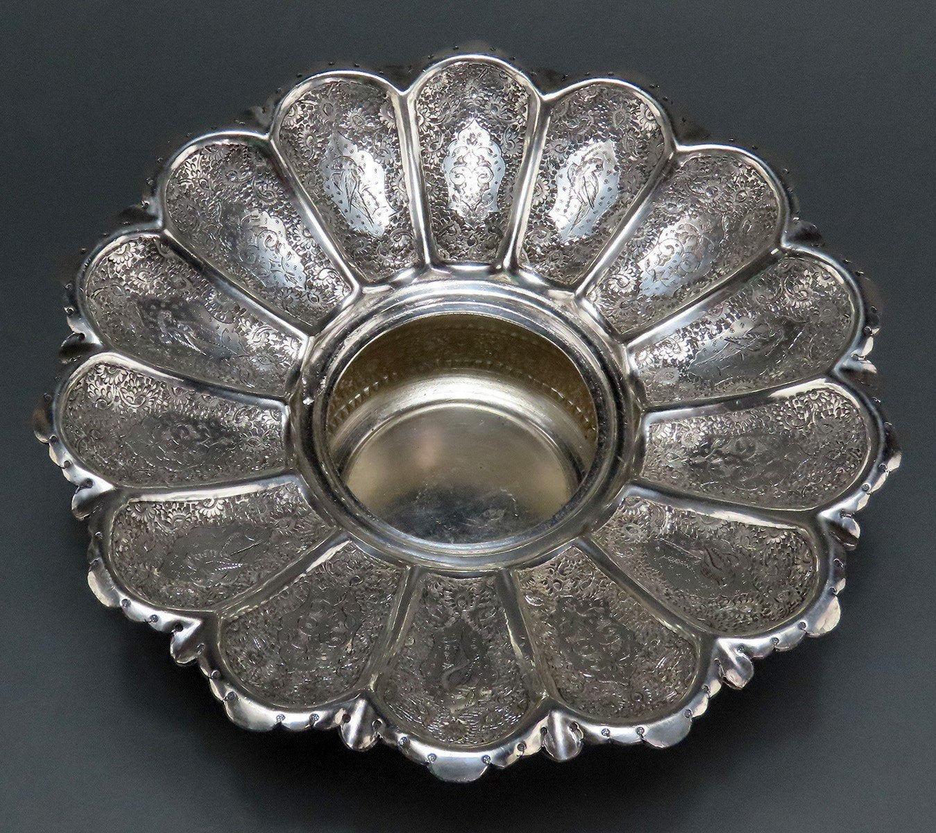 Beautiful Persian Silver Dish Fluted Top Hand-Engraved Palmettes Birds c1930