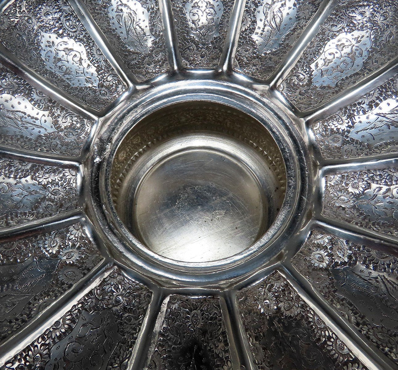 Beautiful Persian Silver Dish Fluted Top Hand-Engraved Palmettes Birds c1930