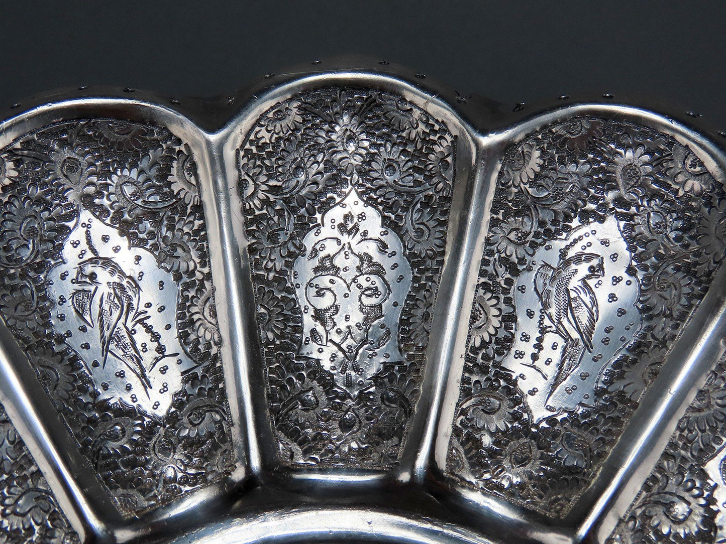Beautiful Persian Silver Dish Fluted Top Hand-Engraved Palmettes Birds c1930