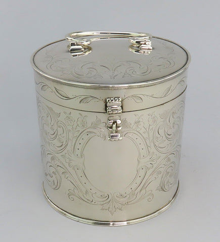 c1890 Beautiful English Silver Plate Biscuit Box Hand Engraved 5 1/4" Tall