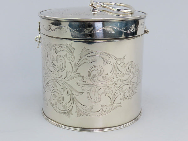 c1890 Beautiful English Silver Plate Biscuit Box Hand Engraved 5 1/4" Tall