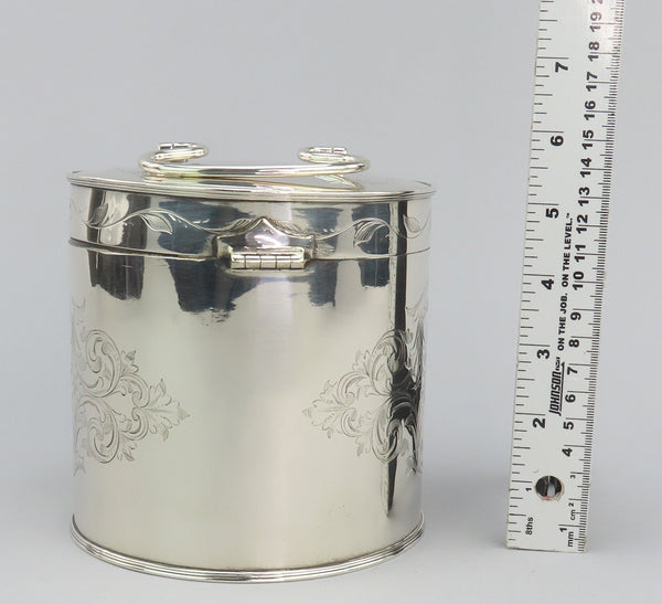 c1890 Beautiful English Silver Plate Biscuit Box Hand Engraved 5 1/4" Tall