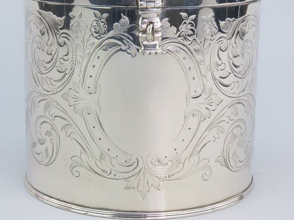 c1890 Beautiful English Silver Plate Biscuit Box Hand Engraved 5 1/4" Tall