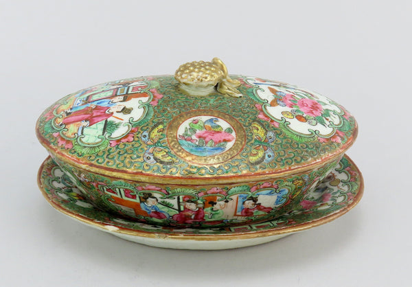 Mid 1800s Small Chinese Rose Medallion Covered Dish w/ Underplate 5 1/2" Long