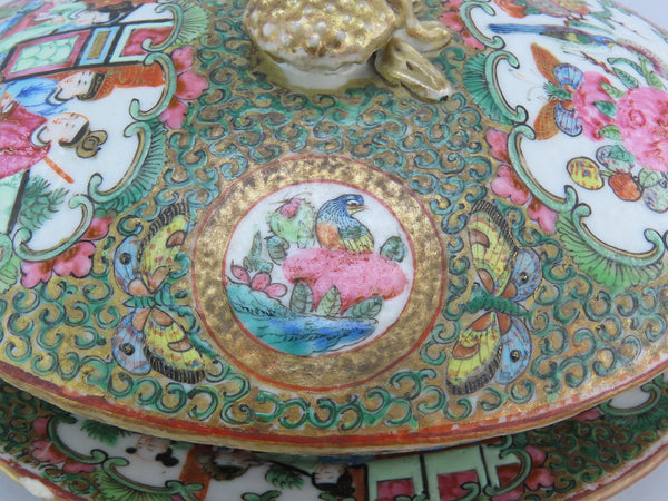 Mid 1800s Small Chinese Rose Medallion Covered Dish w/ Underplate 5 1/2" Long