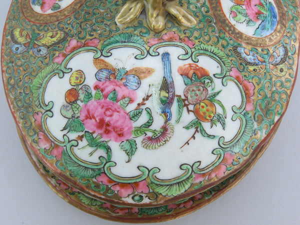 Mid 1800s Small Chinese Rose Medallion Covered Dish w/ Underplate 5 1/2" Long