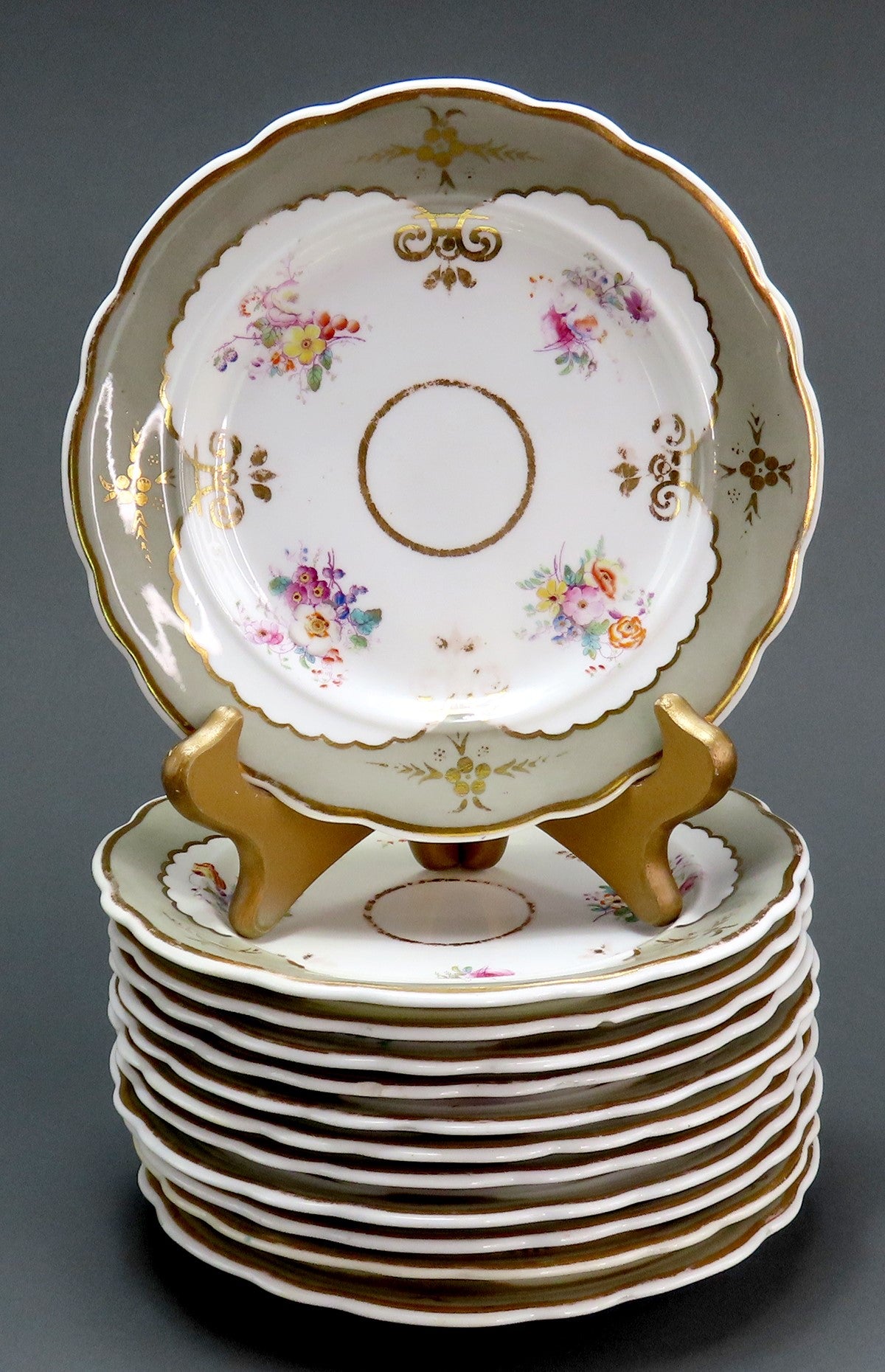 12 c1840s English Staffordshire Davenport Green Floral 7 3/8 Bread Butter Plates