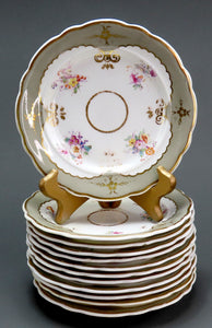 12 c1840s English Staffordshire Davenport Green Floral 7 3/8 Bread Butter Plates
