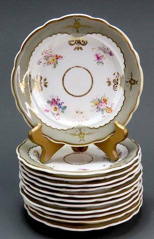 12 c1840s English Staffordshire Davenport Green Floral 7 3/8 Bread Butter Plates