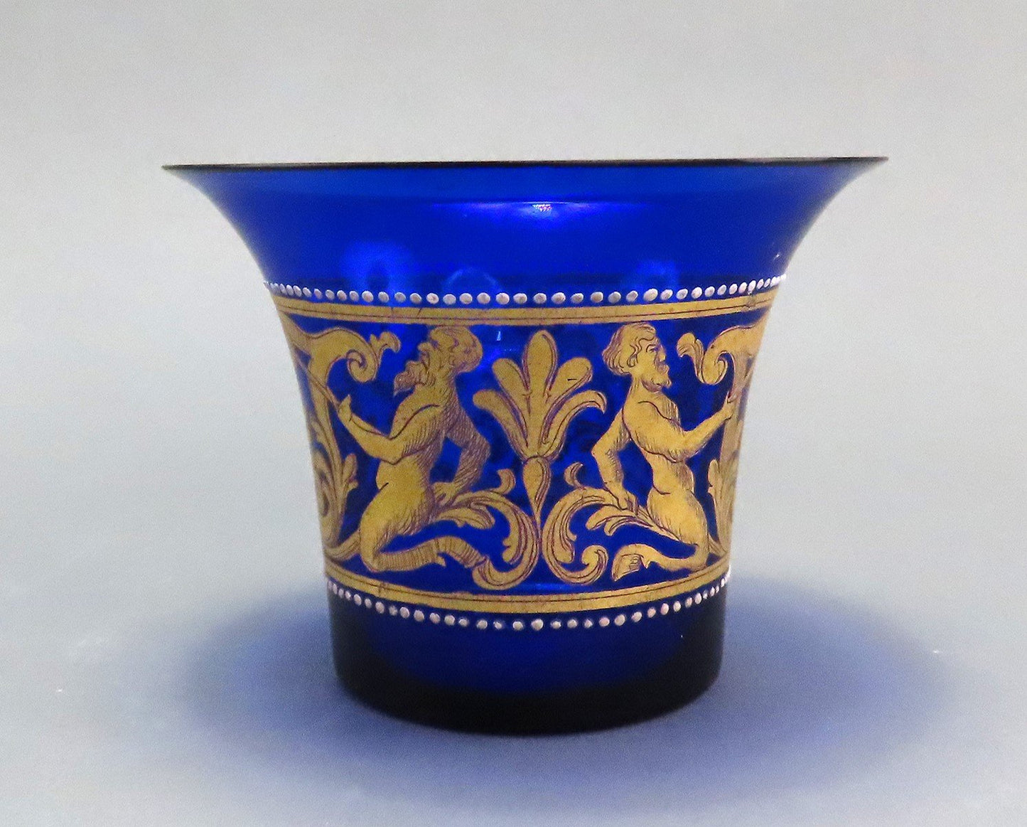 Beautiful early 1900s Venetian Cobalt Blue Glass Gilt Cup Vase w Tritons Scene