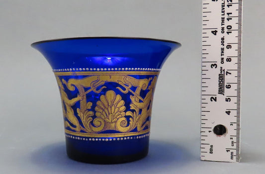 Beautiful early 1900s Venetian Cobalt Blue Glass Gilt Cup Vase w Tritons Scene
