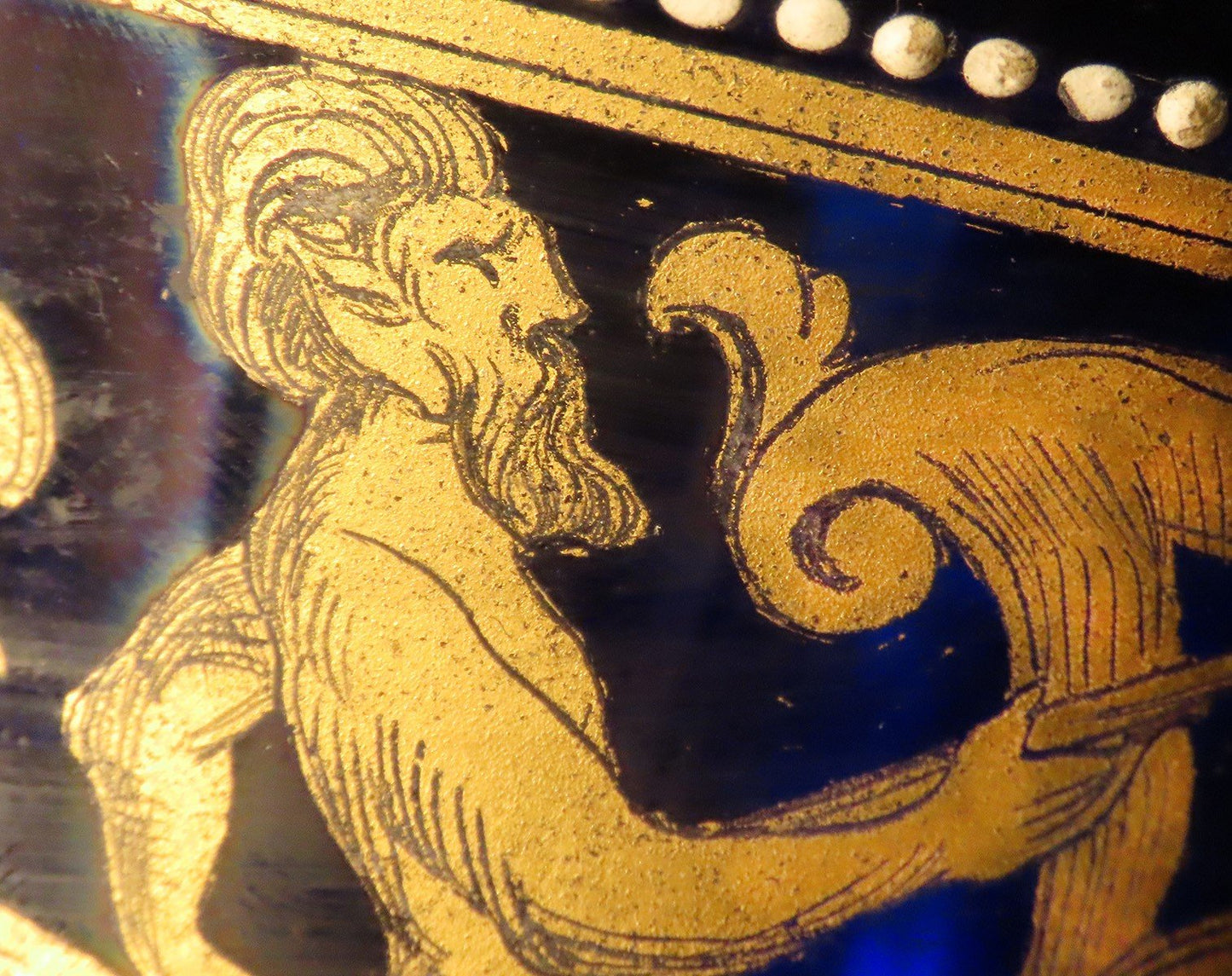 Beautiful early 1900s Venetian Cobalt Blue Glass Gilt Cup Vase w Tritons Scene