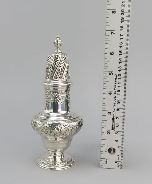 1744 Ornate English George II Sterling Silver Caster Hand Chased Flowers