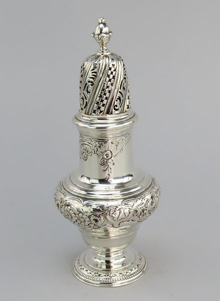 1744 Ornate English George II Sterling Silver Caster Hand Chased Flowers