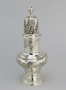 1744 Ornate English George II Sterling Silver Caster Hand Chased Flowers