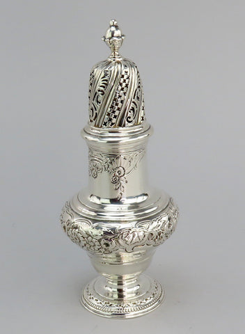 1744 Ornate English George II Sterling Silver Caster Hand Chased Flowers