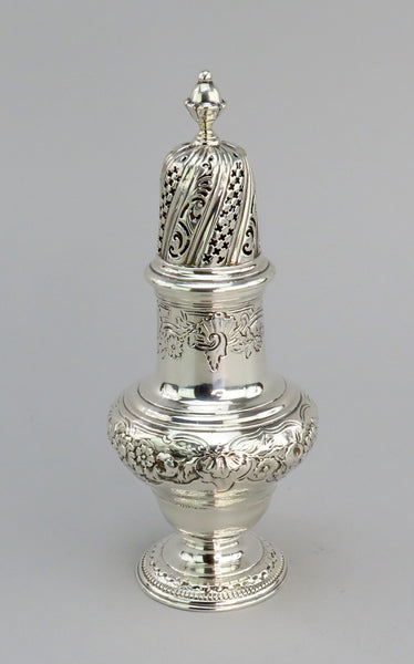 1744 Ornate English George II Sterling Silver Caster Hand Chased Flowers