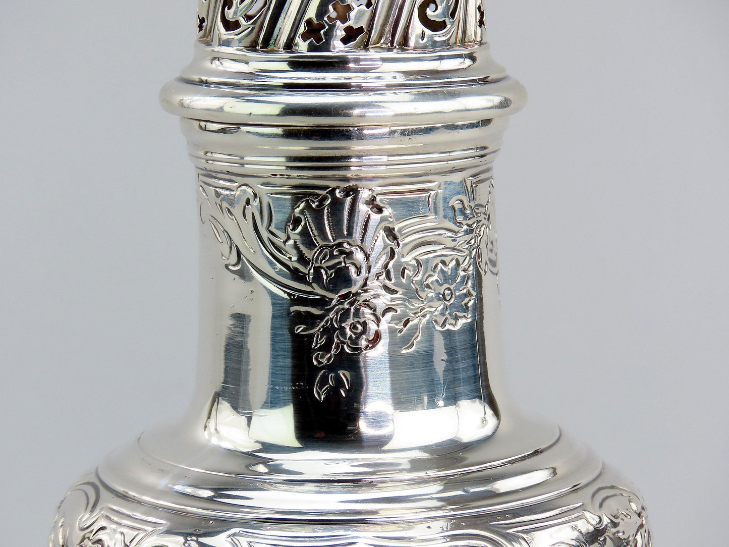 1744 Ornate English George II Sterling Silver Caster Hand Chased Flowers