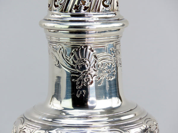 1744 Ornate English George II Sterling Silver Caster Hand Chased Flowers