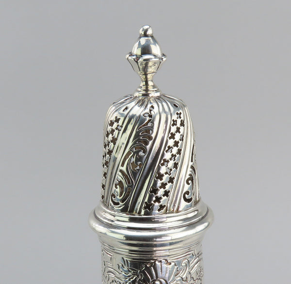 1744 Ornate English George II Sterling Silver Caster Hand Chased Flowers