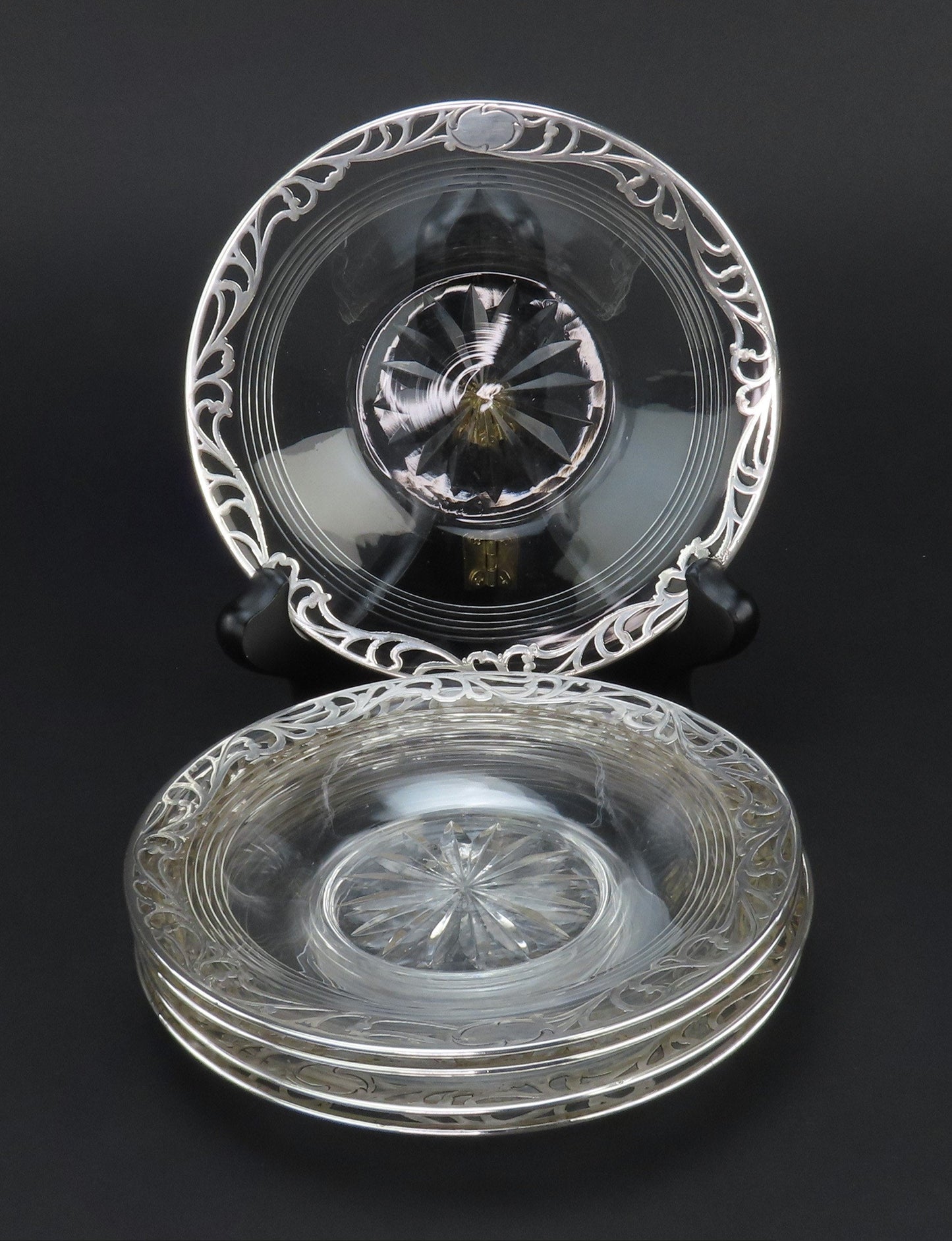 5 Great Sterling Silver Overlay Deposit Cut Glass Plates Saucers No Mono 5 1/4"