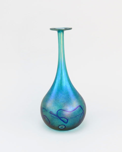 Beautiful Robert Held Iridescent Art Glass Modern Long Neck Vase Dark Turquoise