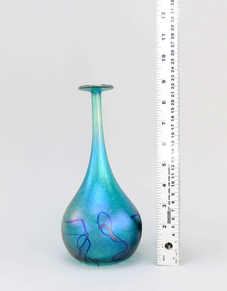 Beautiful Robert Held Iridescent Art Glass Modern Long Neck Vase Dark Turquoise