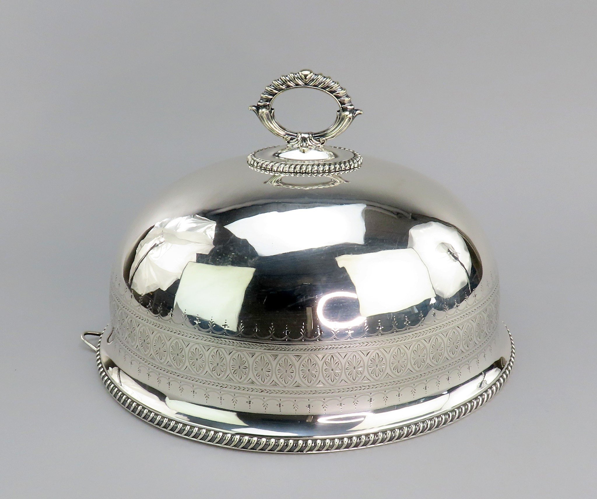 Late 1800s English Silverplate Hand Engraved Oval Serving Dome Cloche Bell