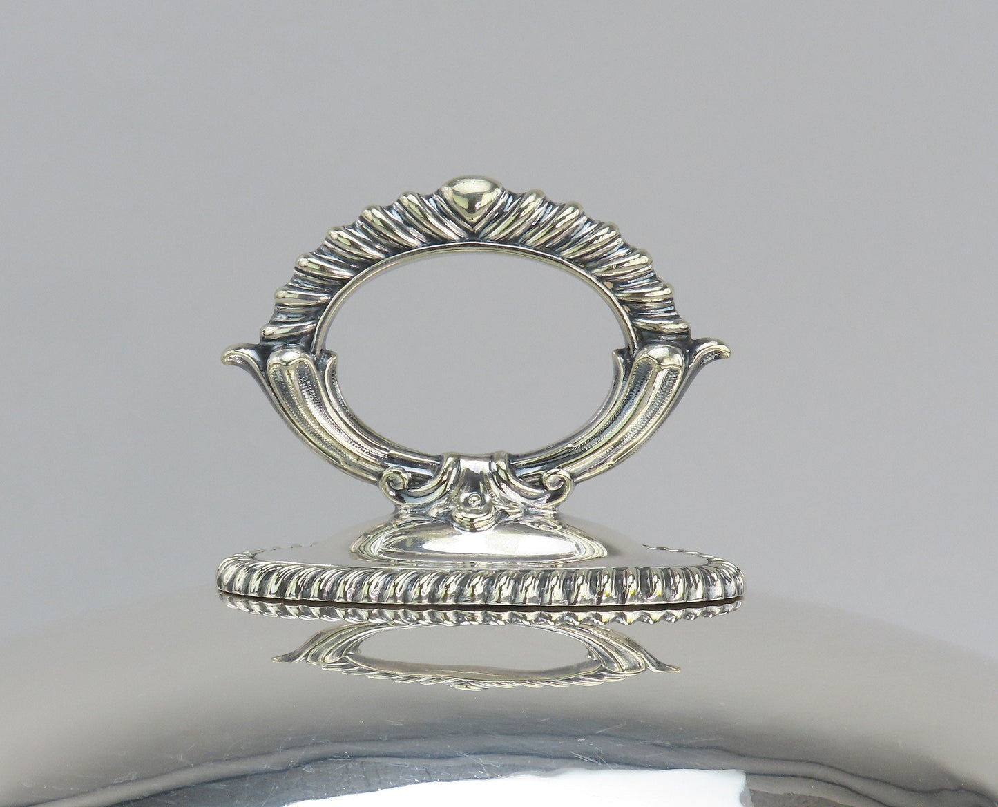 Late 1800s English Silverplate Hand Engraved Oval Serving Dome Cloche Bell