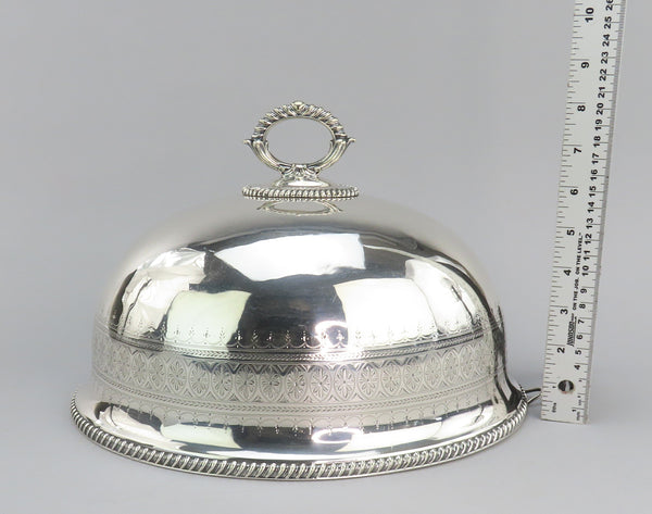 Late 1800s English Silverplate Hand Engraved Oval Serving Dome Cloche Bell