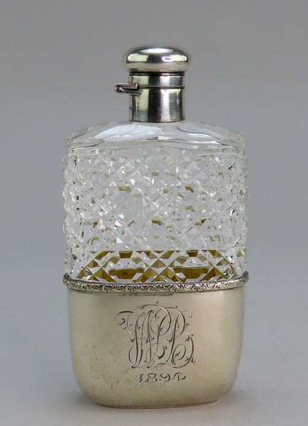 Excellent c1894 Sterling Silver ABP Cut Glass Liquor Flask w Cup Base