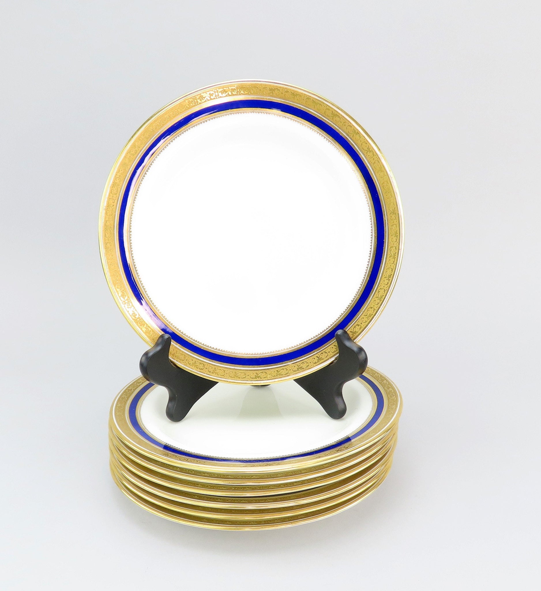 Great Set 7 Cauldon English Porcelain Luncheon Plates L6228 Cobalt/Gold Border