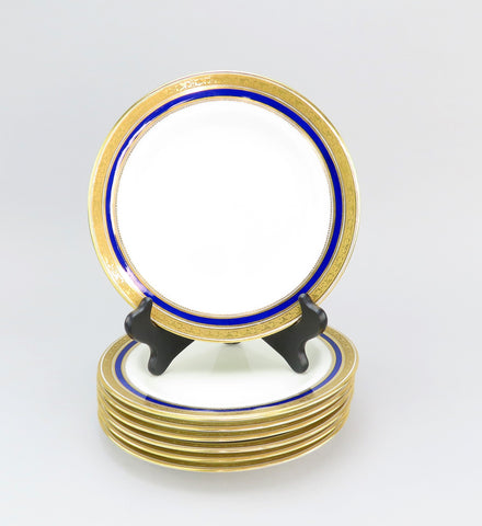 Great Set 7 Cauldon English Porcelain Luncheon Plates L6228 Cobalt/Gold Border