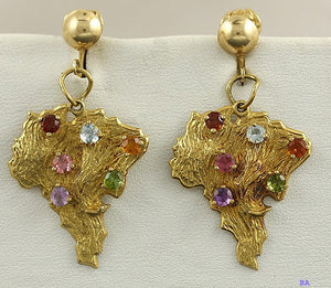 18K Gold Brazil Country Earrings Tourmaline Amethyst Aquamarine Rubellite Topaz