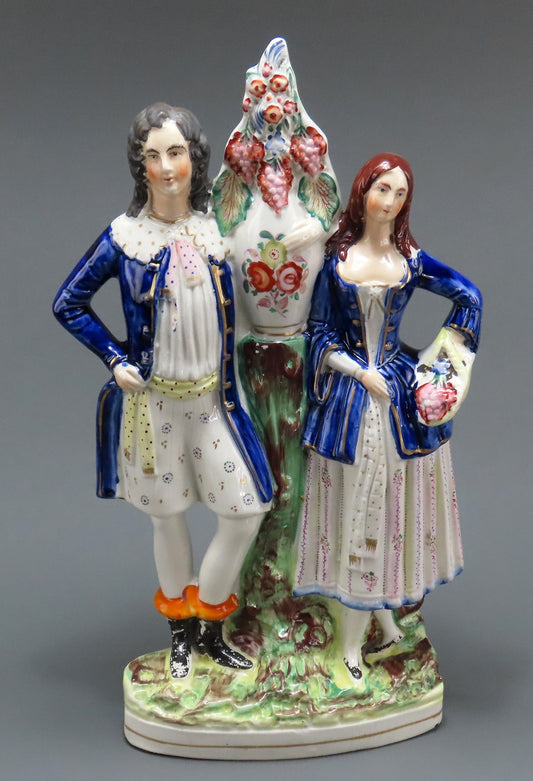 Large Size 1800s English Staffordshire Couple Man and Woman w Grapes Figurine