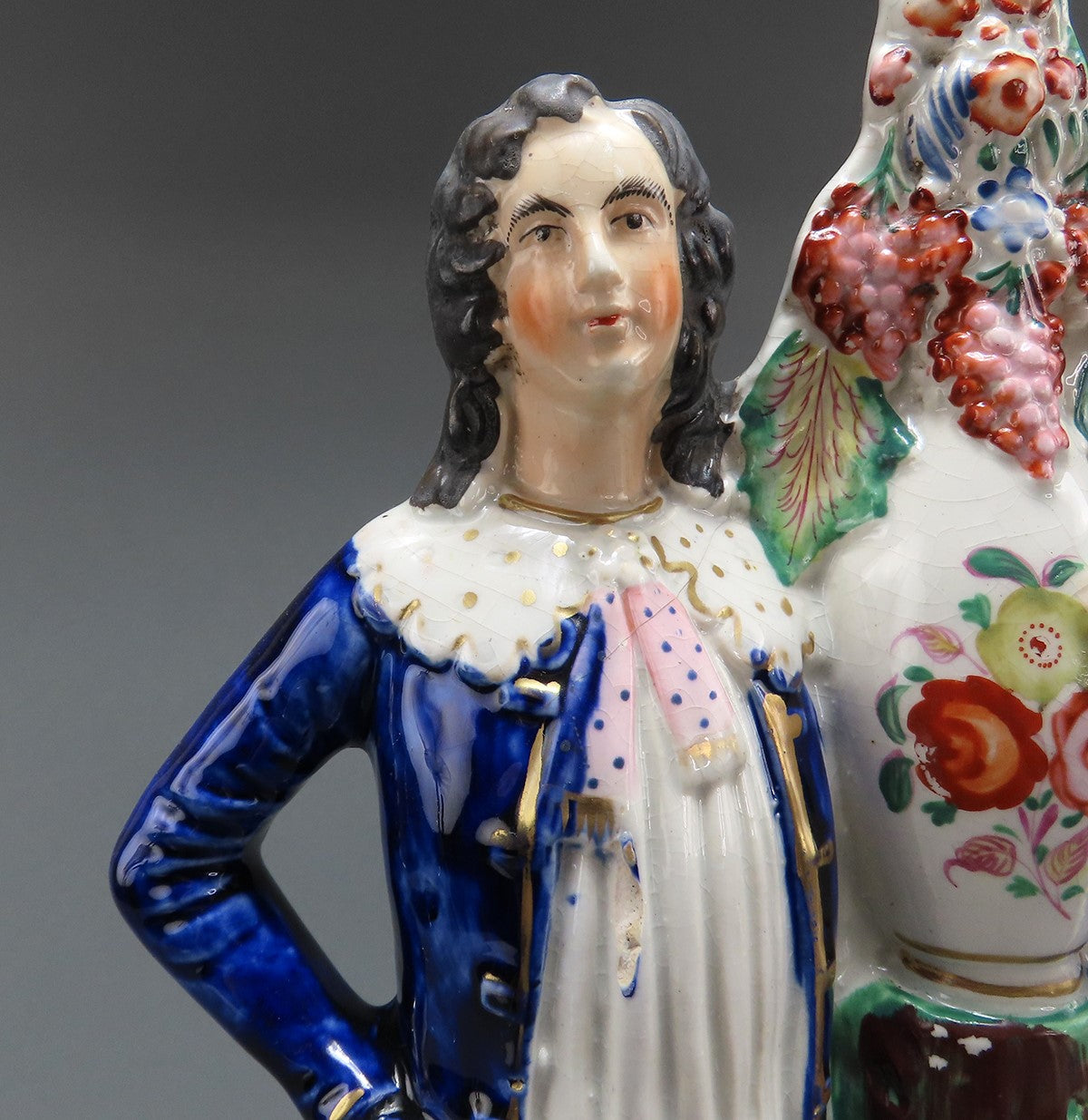 Large Size 1800s English Staffordshire Couple Man and Woman w Grapes Figurine