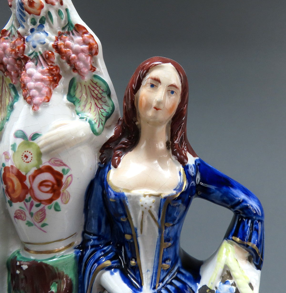 Large Size 1800s English Staffordshire Couple Man and Woman w Grapes Figurine