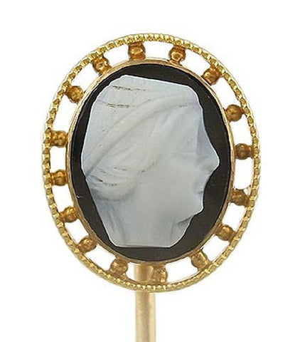 Victorian 10k Gold & Hand Carved Hardstone Cameo Stickpin