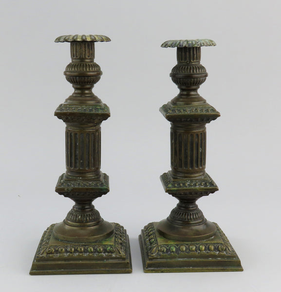 Handsome Pair Antique European Bronze Column Form Candlesticks