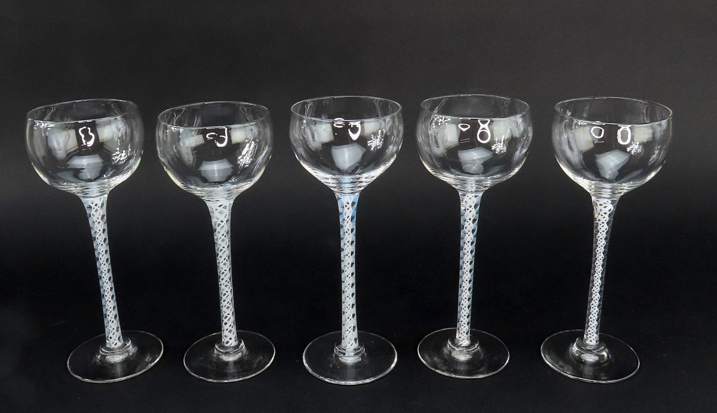 5 Tall Cotton Twist Stem Latticino 3 ozs White Wine Glasses 7 5/8" Tall