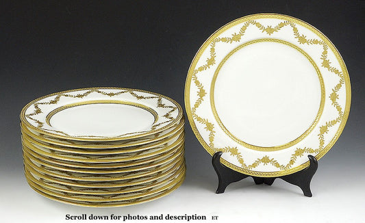 c1907-1919 Set of 12 Limoges Gilded Porcelain Dinner Plates Tressemann Vogt
