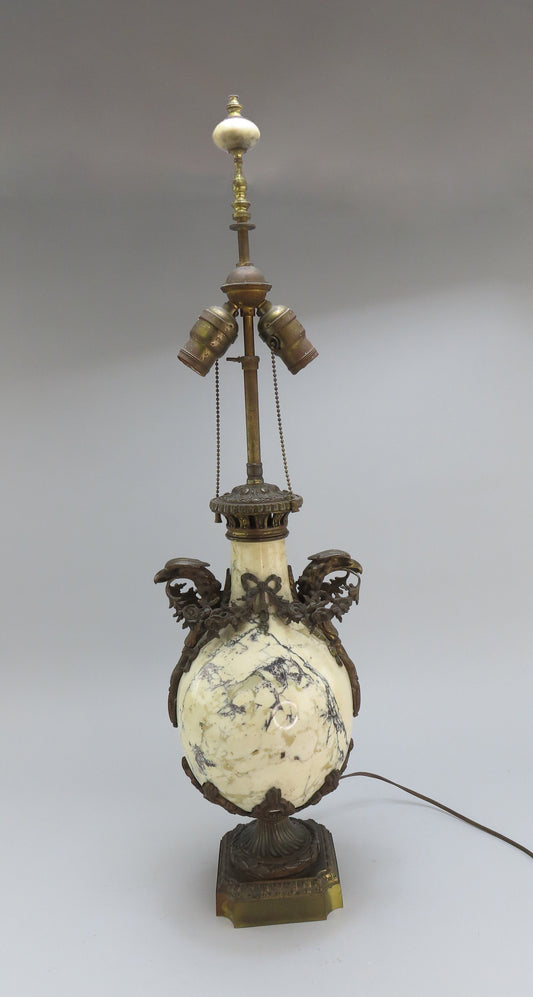 Stunning c1880s French White and Black Marble Bronze Lamp Eagles Floral Garlands