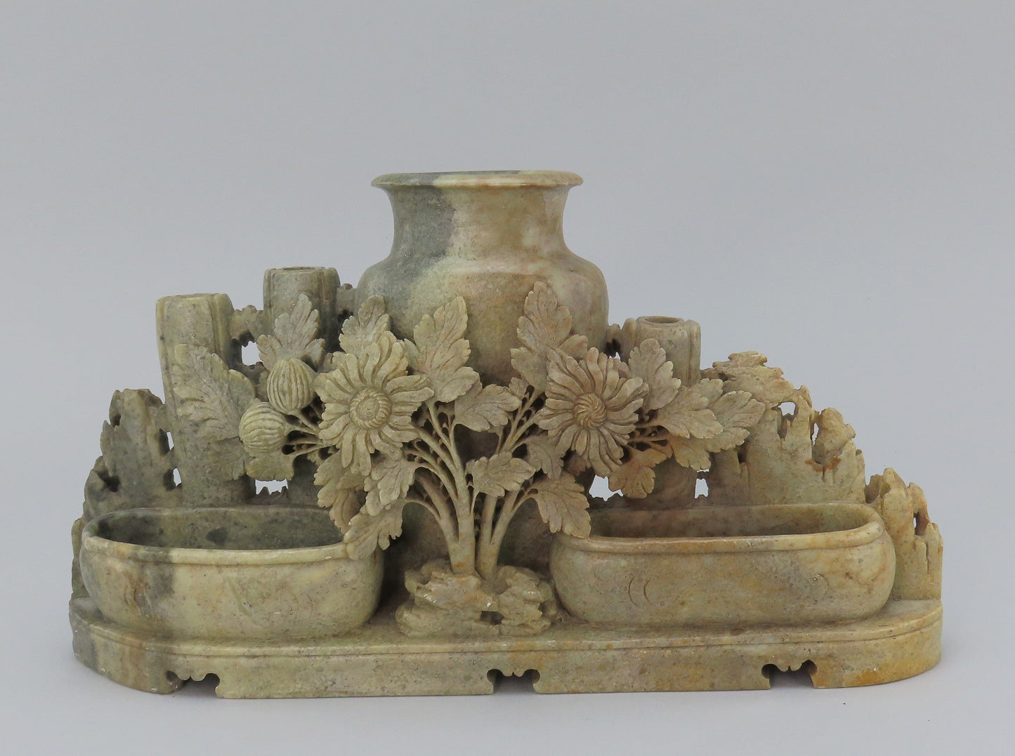Wonderful Antique Chinese Earth-Toned Soapstone Carved Urns Bud Vase Flowers